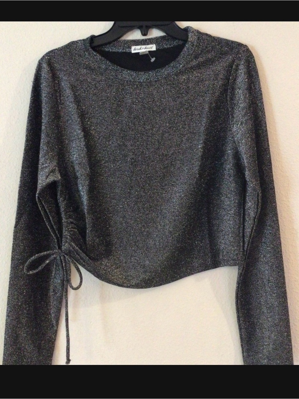Derek Heart Metallic Side-Tie Cropped Top - Silver Black